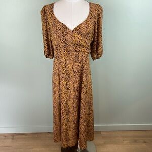 WAYF leopard print faux wrap puff sleeve A-line Midi Dress size Large